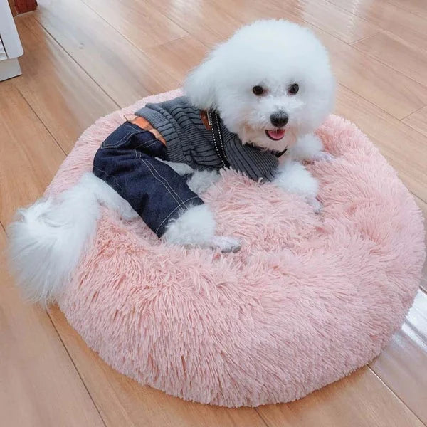 Calming Donut Dog Bed — Plush Faux Fur Crate Bed for Anxiety Relief
